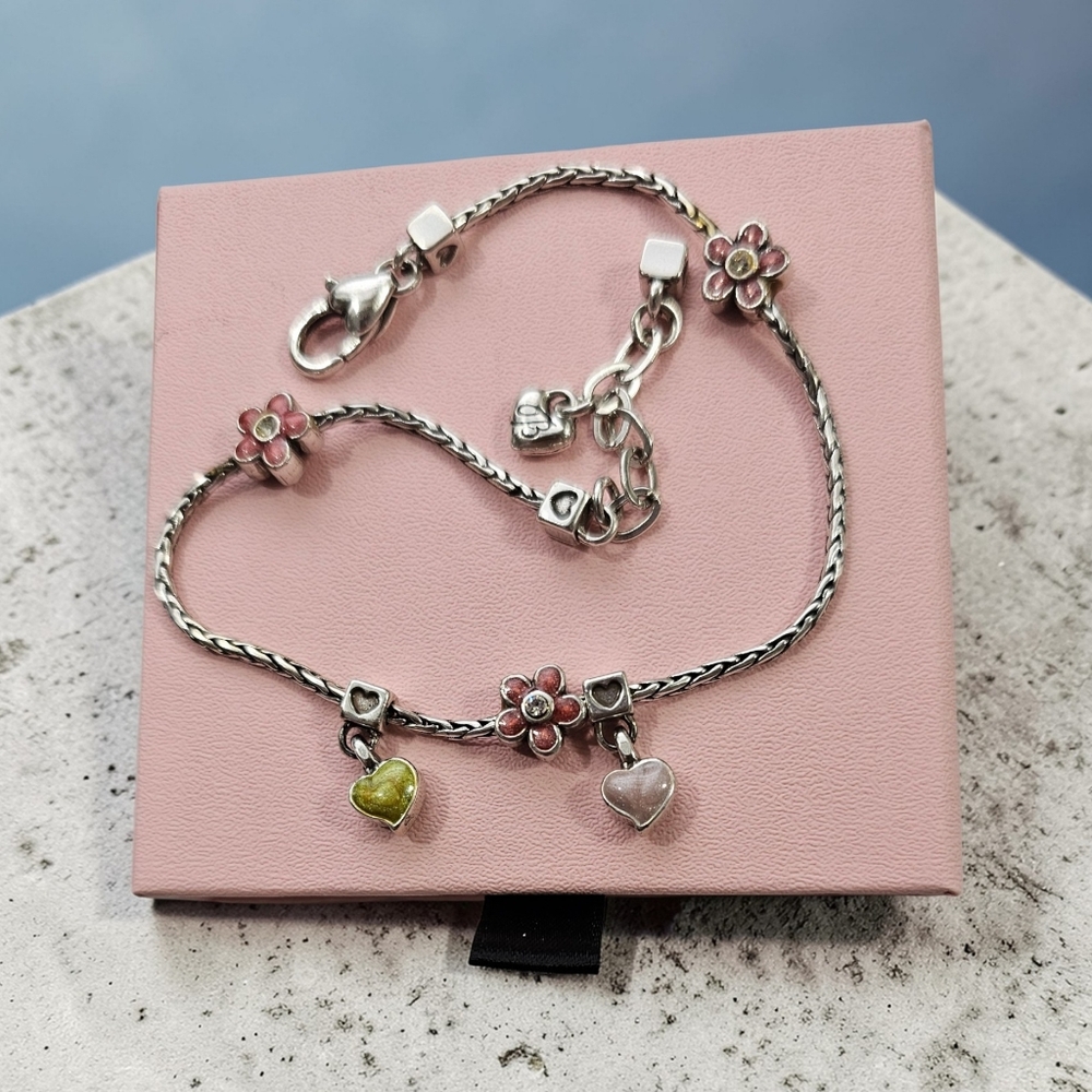 Brighton Pink Flower & Heart Charm Anklet Silver Tone Enamel Adjustable EUC - Picture 2 of 8